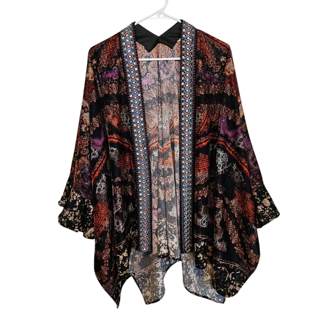 Soft Surroundings Velevt Floral Mixed Print Beaded Bohemian Kimono Shrug Gypsy - Picture 2 of 7